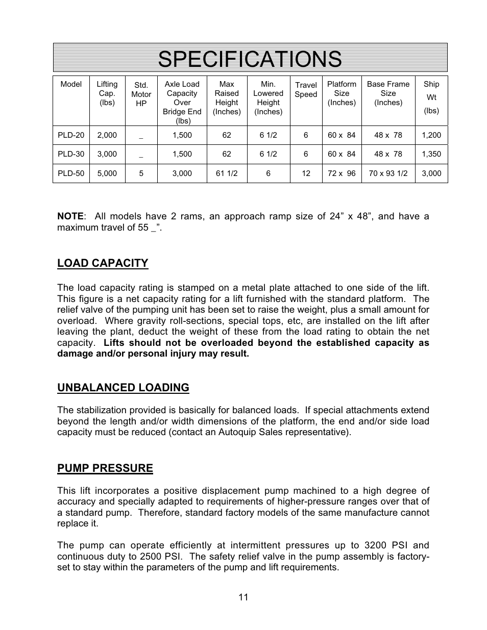 Specifications, Load capacity, Unbalanced loading | Pump pressure | Autoquip PLD DOCK LIFT User Manual | Page 11 / 38