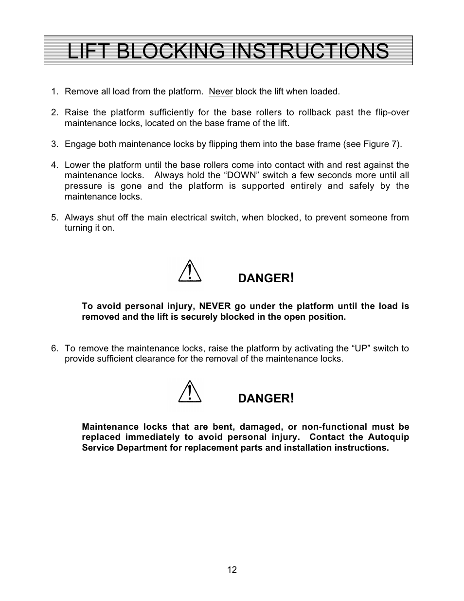 Lift blocking instructions | Autoquip PLD DOCK LIFT User Manual | Page 12 / 38
