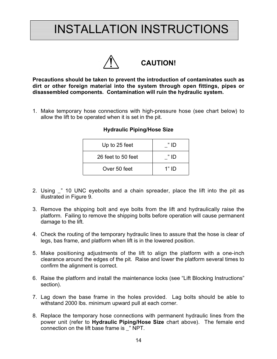 Installation instructions, Caution | Autoquip PLD DOCK LIFT User Manual | Page 14 / 38