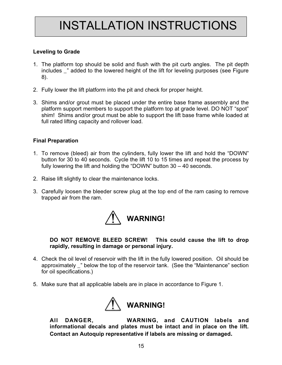 Installation instructions, Warning | Autoquip PLD DOCK LIFT User Manual | Page 15 / 38