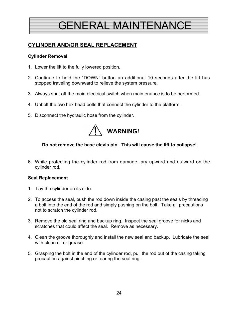 General maintenance, Warning | Autoquip PLD DOCK LIFT User Manual | Page 24 / 38