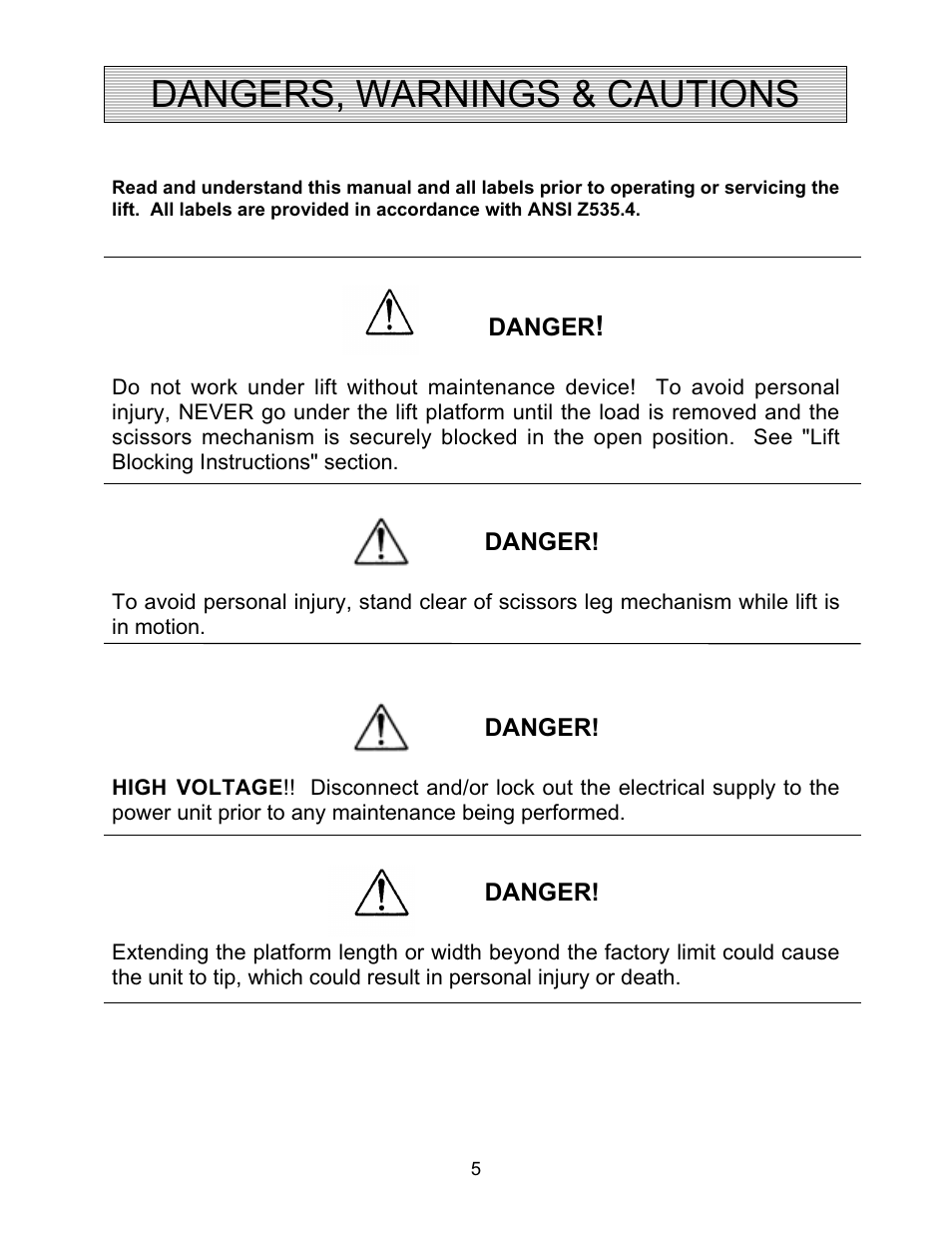 Dangers, warnings & cautions | Autoquip PLD DOCK LIFT User Manual | Page 5 / 38