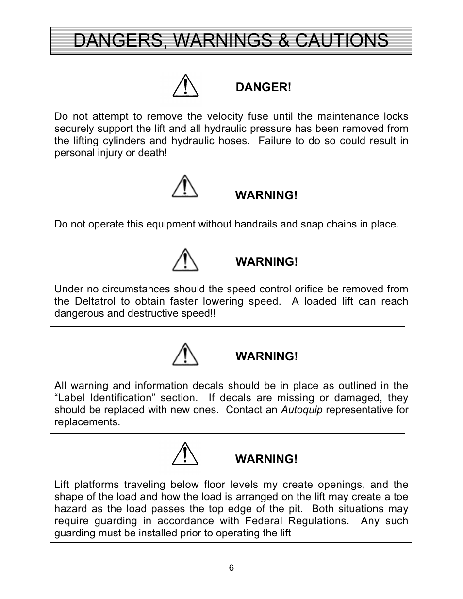 Dangers, warnings & cautions | Autoquip PLD DOCK LIFT User Manual | Page 6 / 38