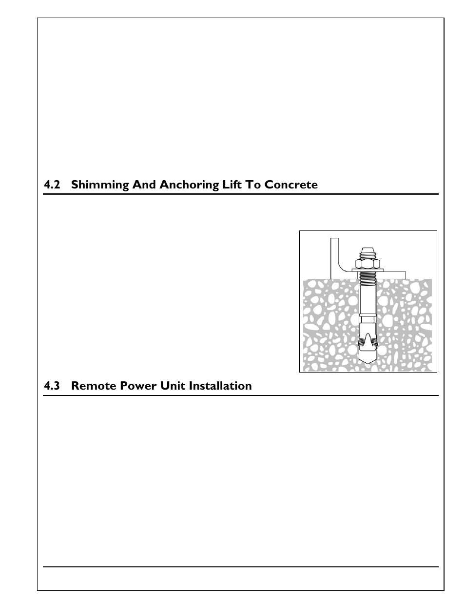 2 shimming and anchoring lift to concrete, 3 remote power unit installation, Shimming and anchoring lift to concrete | Remote power unit installation | Autoquip TORKLIFT T2 DOUBLE PANTOGRAPH User Manual | Page 17 / 38