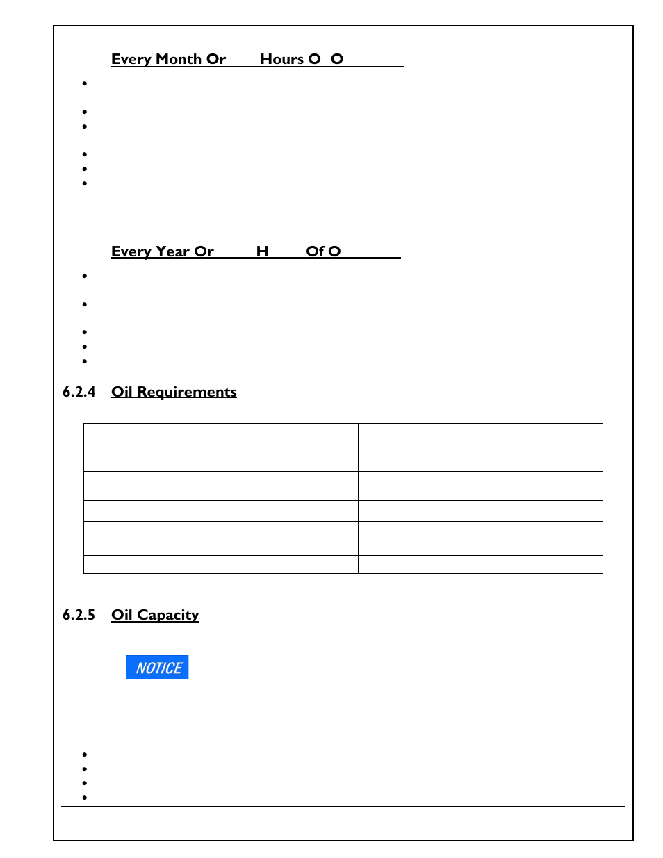 2 every month or 100 hours of operation, 3 every year or 1000 hours of operation, 4 oil requirements | 5 oil capacity, Every month or 100 hours of operation, Every year or 1000 hours of operation, Oil requirements, Oil capacity | Autoquip TORKLIFT T2 DOUBLE PANTOGRAPH User Manual | Page 23 / 38