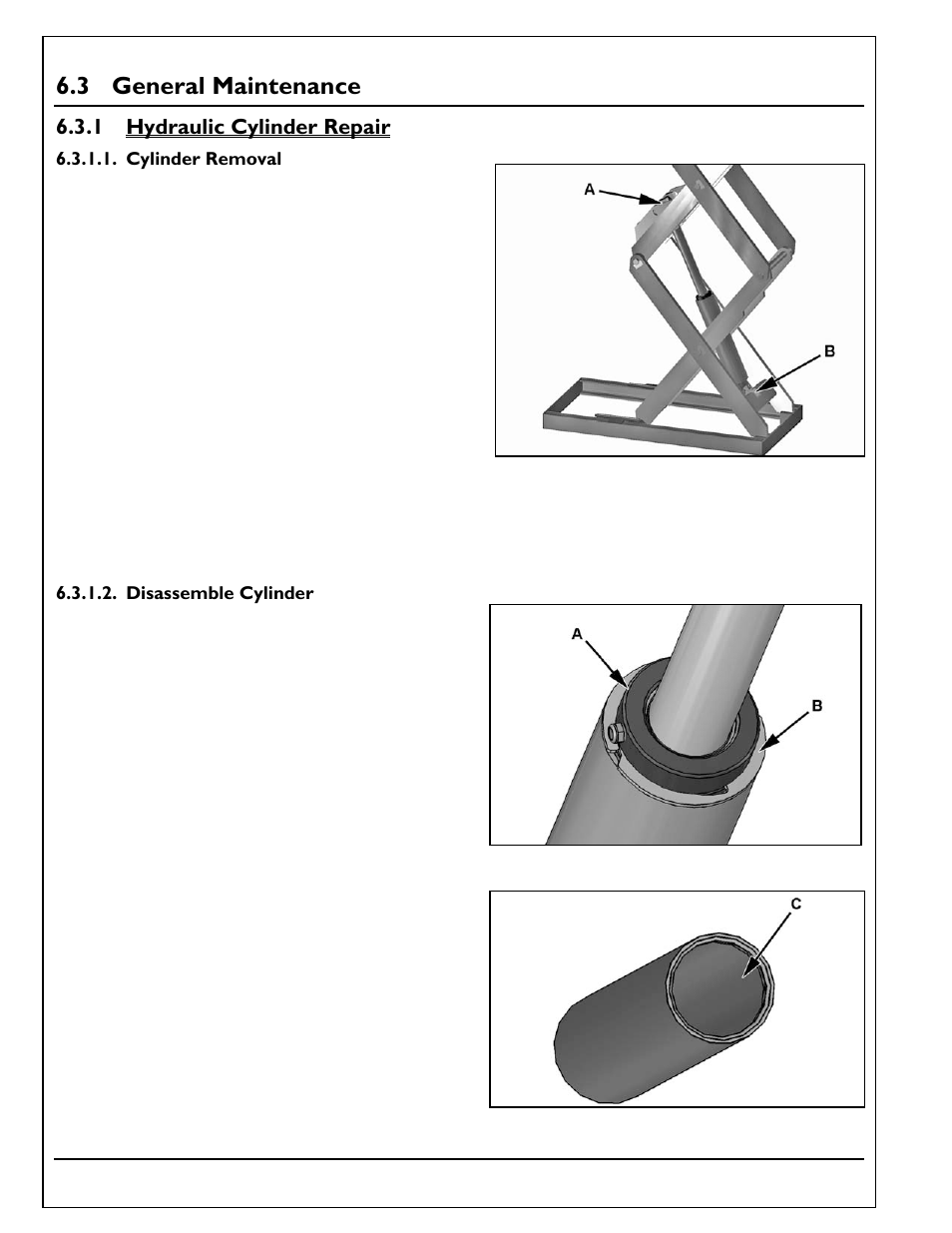 3 general maintenance, 1 hydraulic cylinder repair, Cylinder removal | Disassemble cylinder, General maintenance, Hydraulic cylinder repair | Autoquip TORKLIFT T2 DOUBLE PANTOGRAPH User Manual | Page 24 / 38