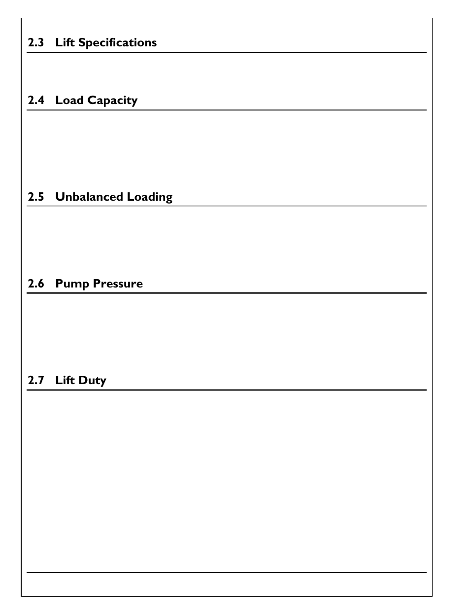 3 lift specifications, 4 load capacity, 5 unbalanced loading | 6 pump pressure, 7 lift duty, Lift specifications, Load capacity, Unbalanced loading, Pump pressure, Lift duty | Autoquip TORKLIFT T2 DOUBLE PANTOGRAPH User Manual | Page 8 / 38