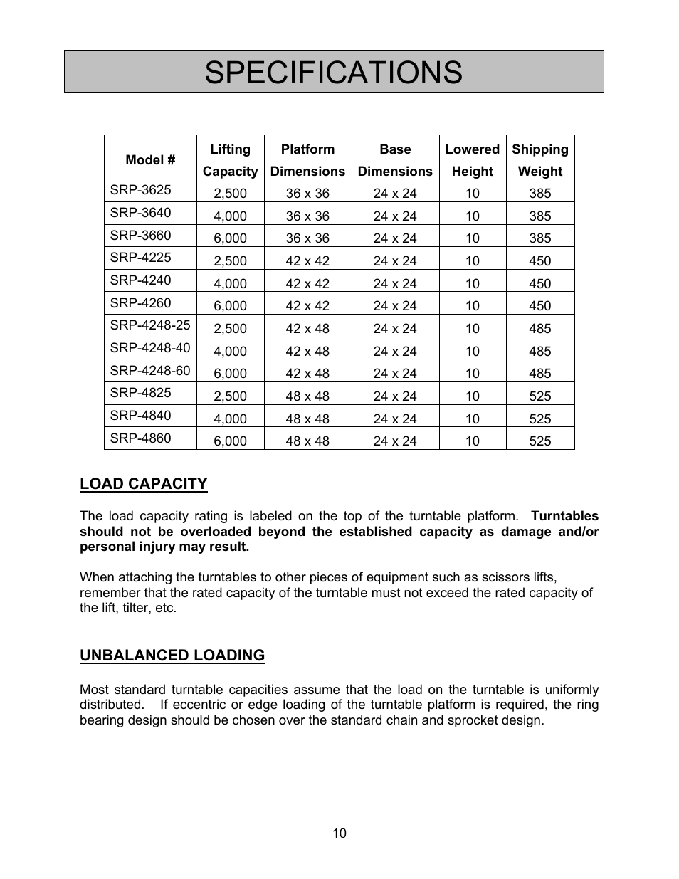 Specifications | Autoquip SERIES 35 POWERED TURNTABLE User Manual | Page 10 / 19