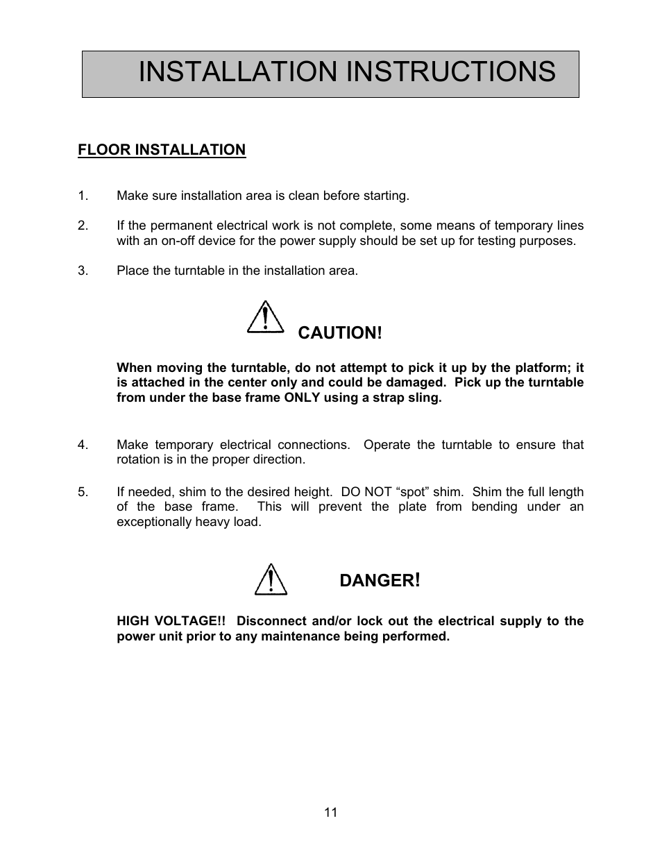 Installation instructions | Autoquip SERIES 35 POWERED TURNTABLE User Manual | Page 11 / 19