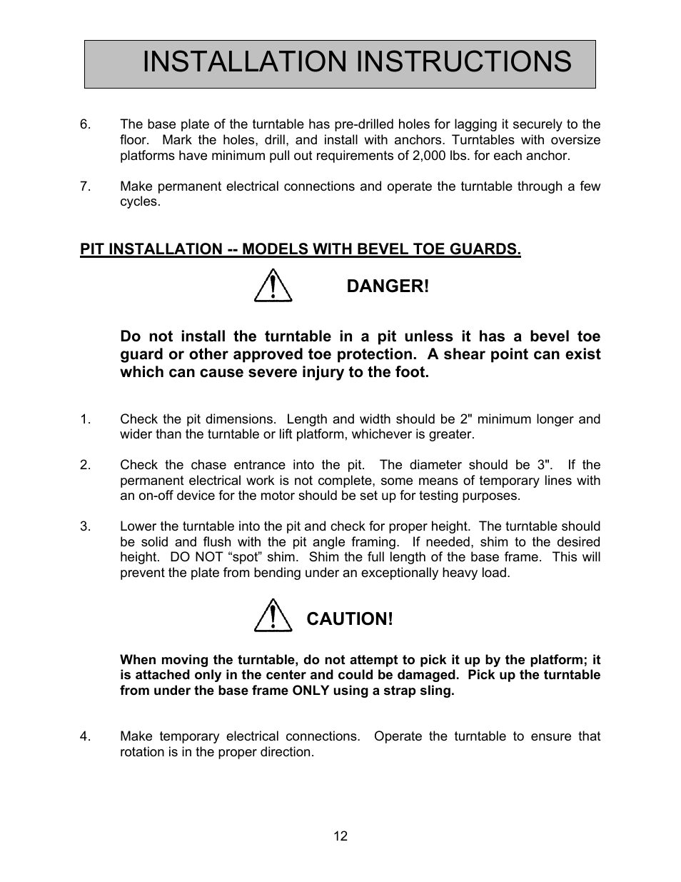 Installation instructions, Danger, Caution | Autoquip SERIES 35 POWERED TURNTABLE User Manual | Page 12 / 19