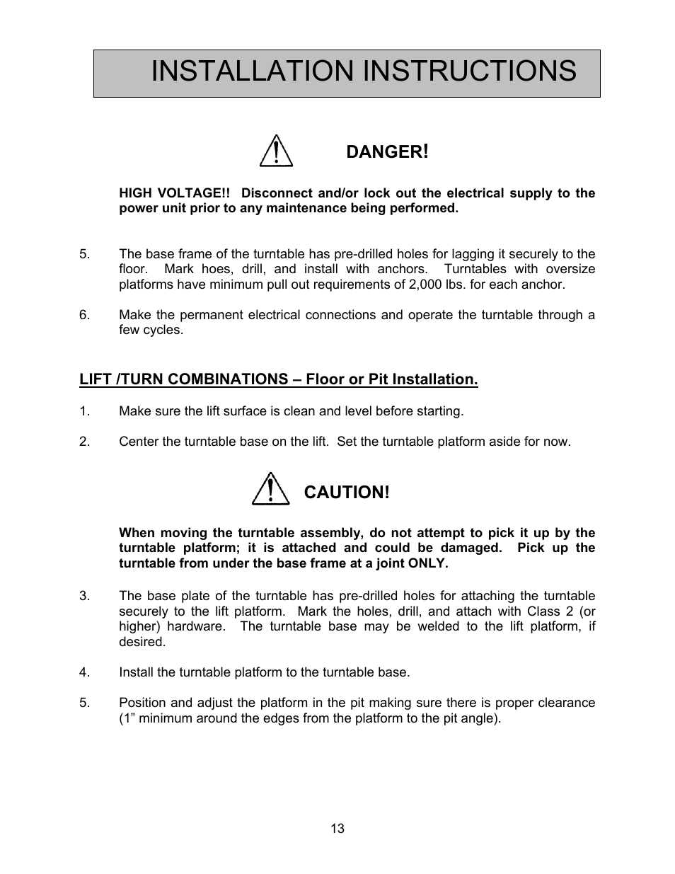 Installation instructions, Danger, Caution | Autoquip SERIES 35 POWERED TURNTABLE User Manual | Page 13 / 19