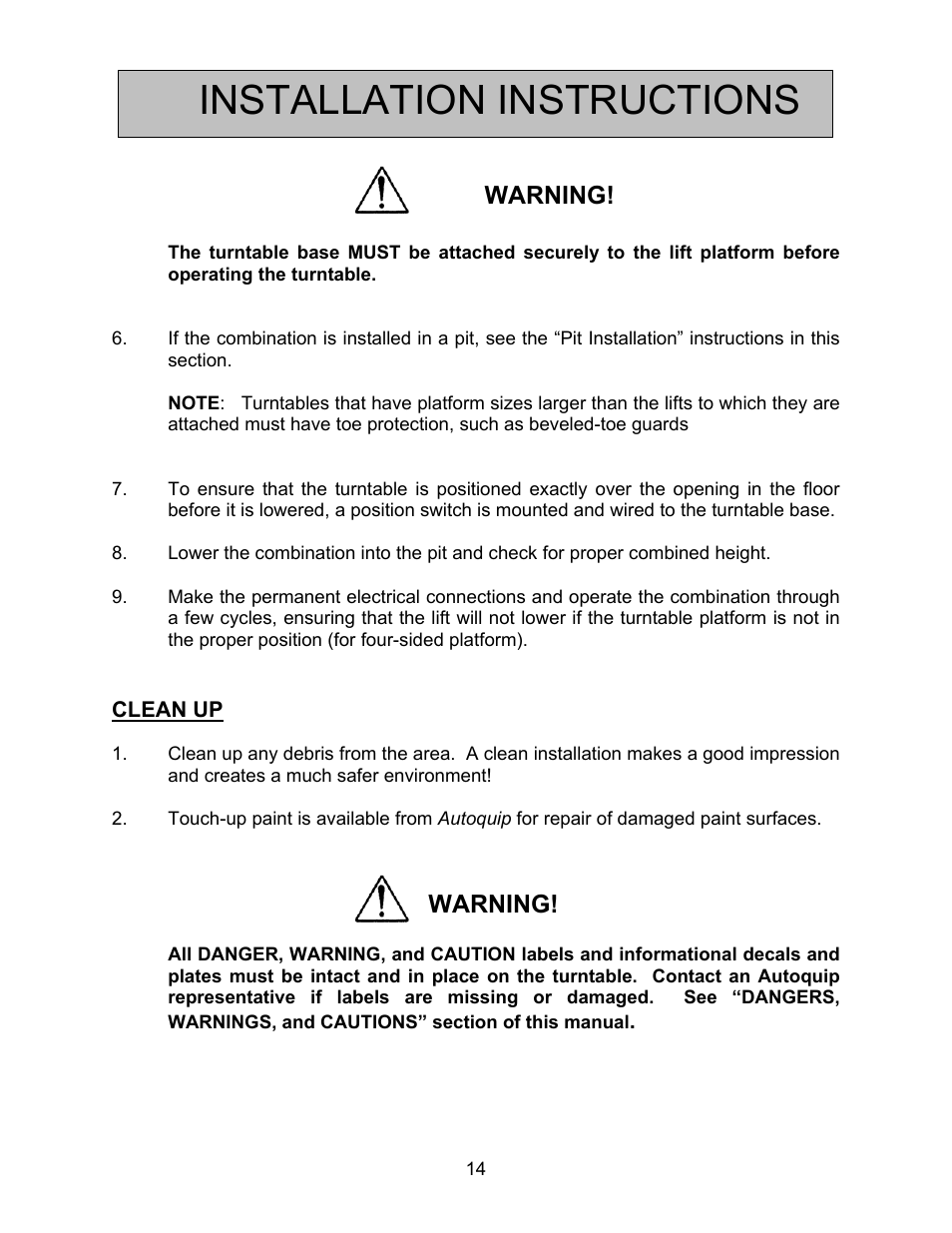 Installation instructions, Warning | Autoquip SERIES 35 POWERED TURNTABLE User Manual | Page 14 / 19