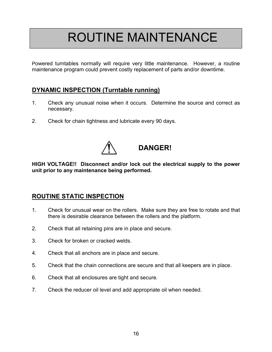 Routine maintenance, Danger | Autoquip SERIES 35 POWERED TURNTABLE User Manual | Page 16 / 19