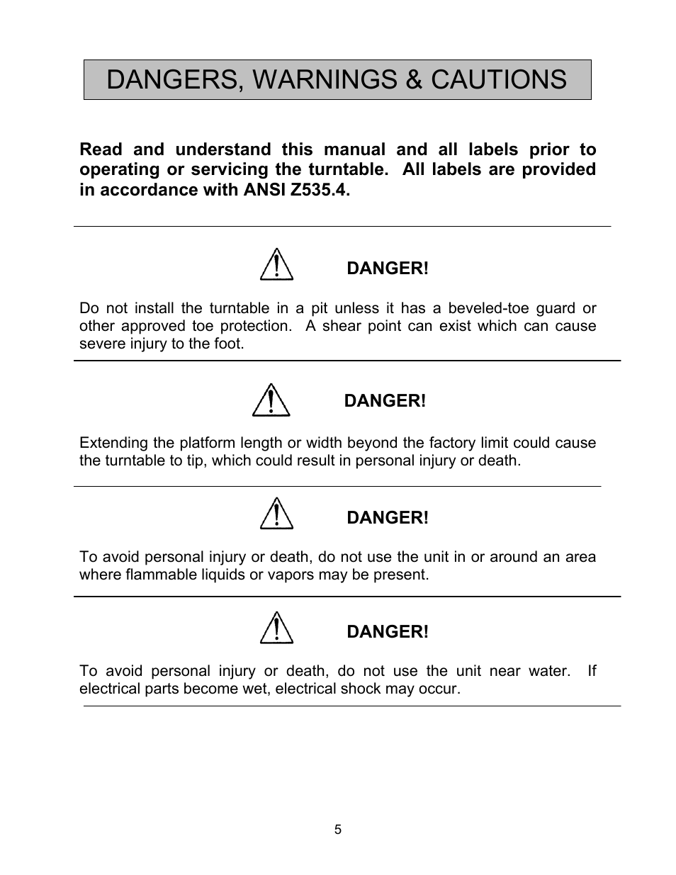 Dangers, warnings & cautions | Autoquip SERIES 35 POWERED TURNTABLE User Manual | Page 5 / 19