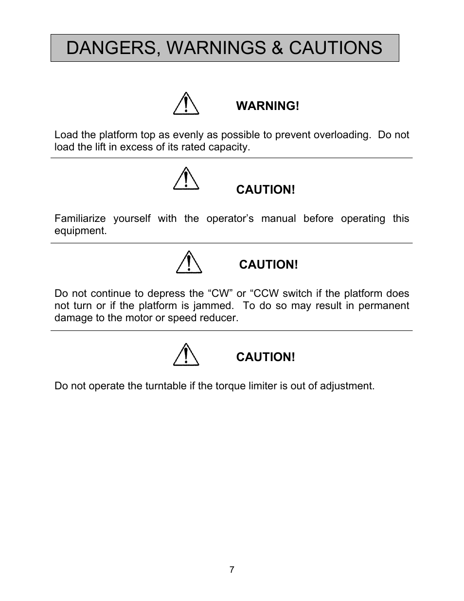 Dangers, warnings & cautions | Autoquip SERIES 35 POWERED TURNTABLE User Manual | Page 7 / 19