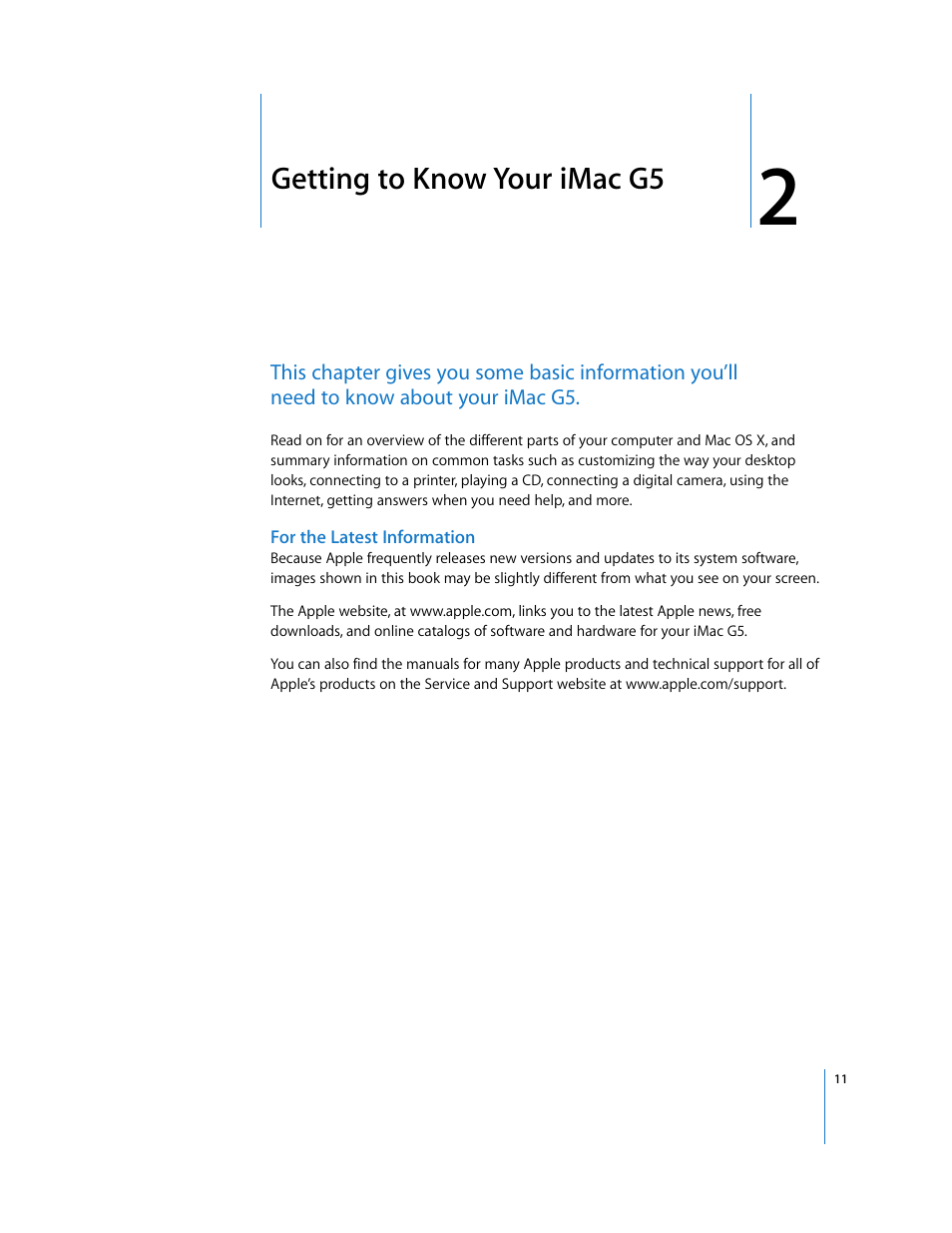 Getting to know your imacg5, Chapter 2, Chapter 2, “getting to know your imac g5 | Getting to know your imac g5 | Apple iMac G5 User Manual | Page 11 / 96
