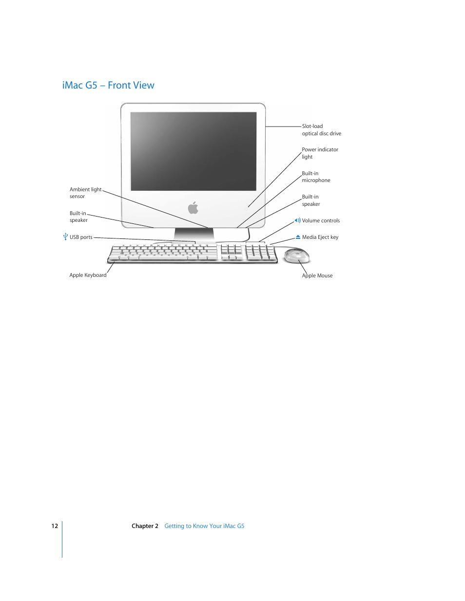 Imacg5 – front view, Imac g5 – front view | Apple iMac G5 User Manual | Page 12 / 96