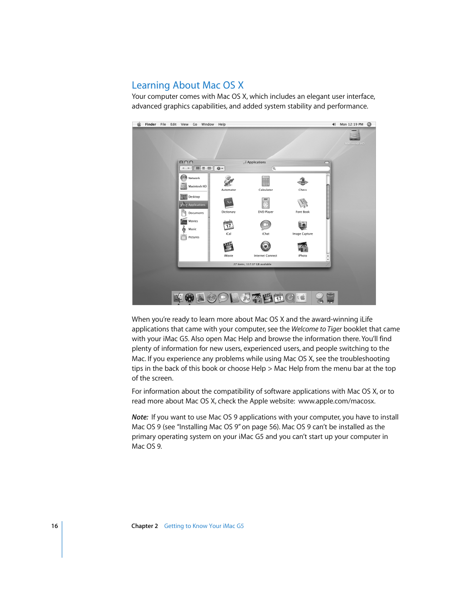 Learning about macosx, Learning about mac os x | Apple iMac G5 User Manual | Page 16 / 96
