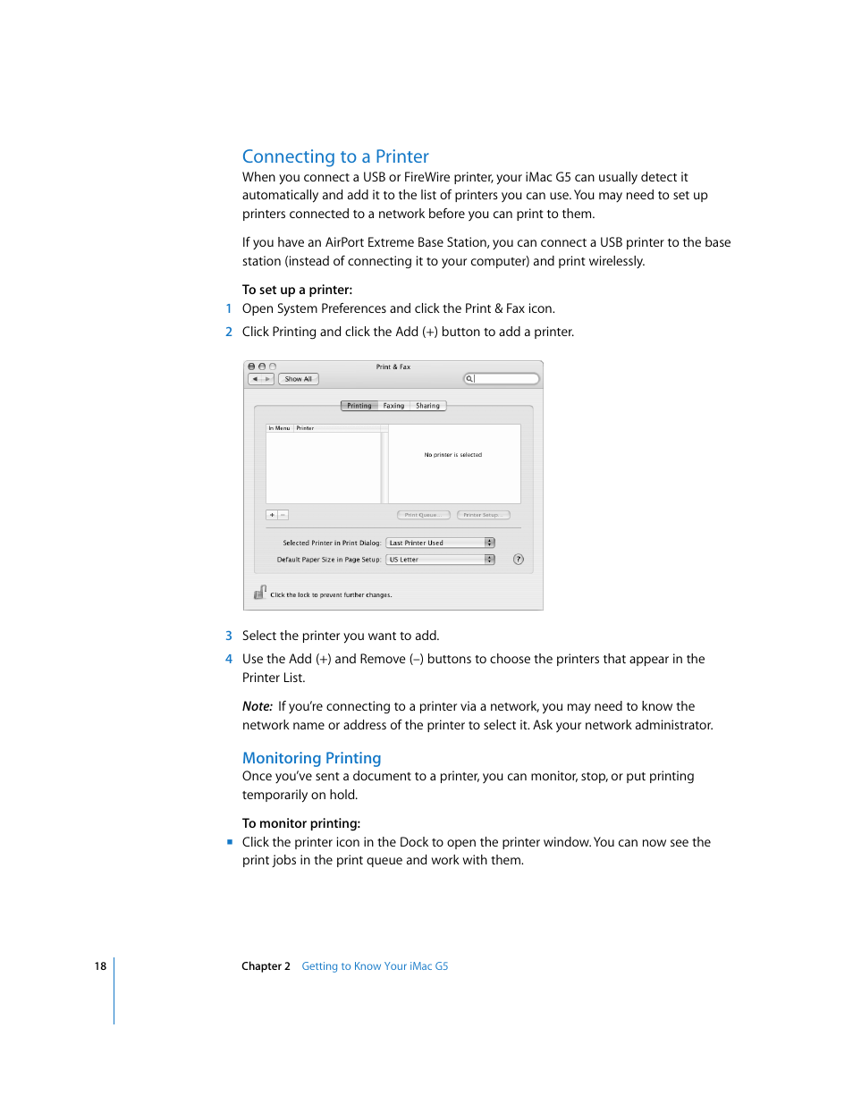 Connecting to a printer | Apple iMac G5 User Manual | Page 18 / 96