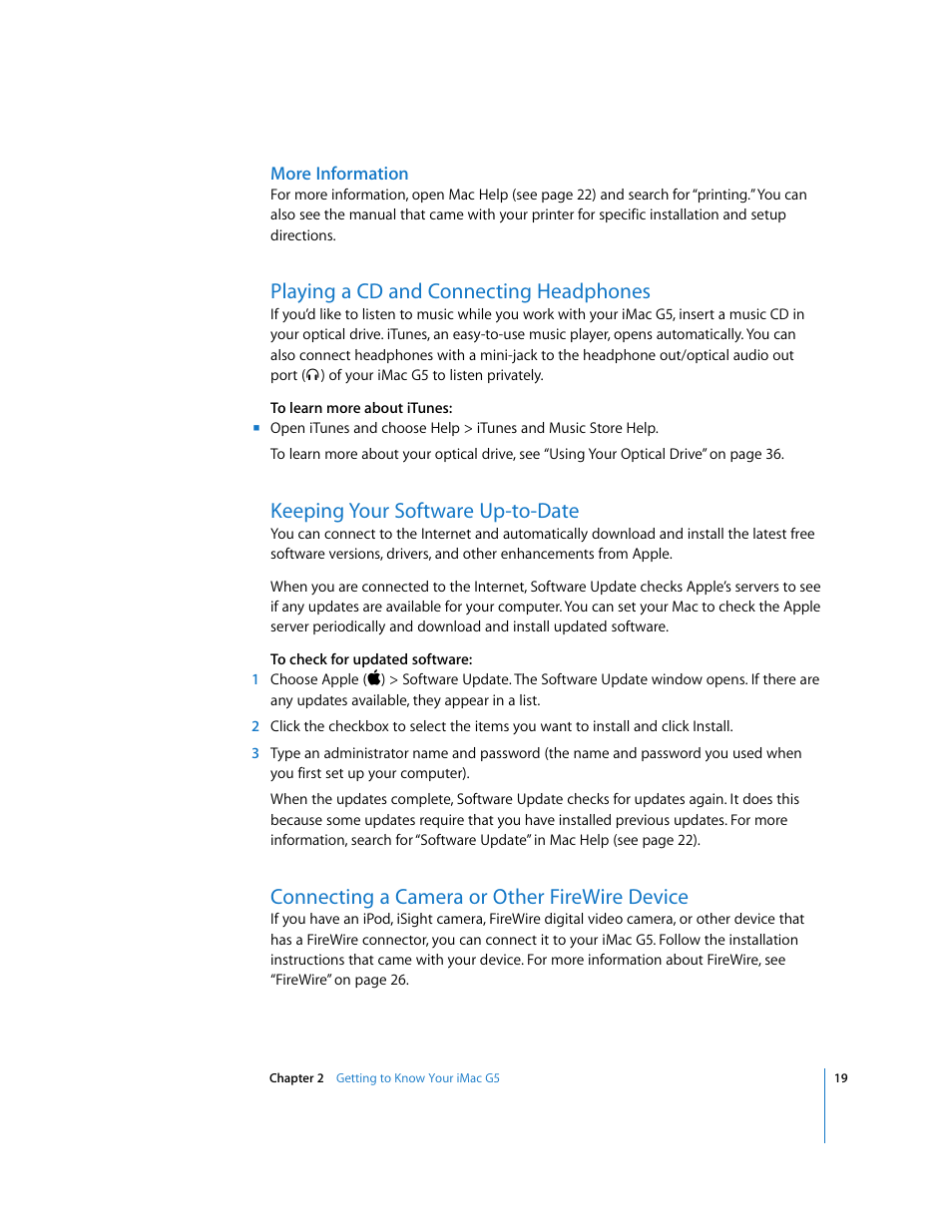 Playing a cd and connecting headphones, Keeping your software up-to-date, Connecting a camera or other firewire device | Apple iMac G5 User Manual | Page 19 / 96