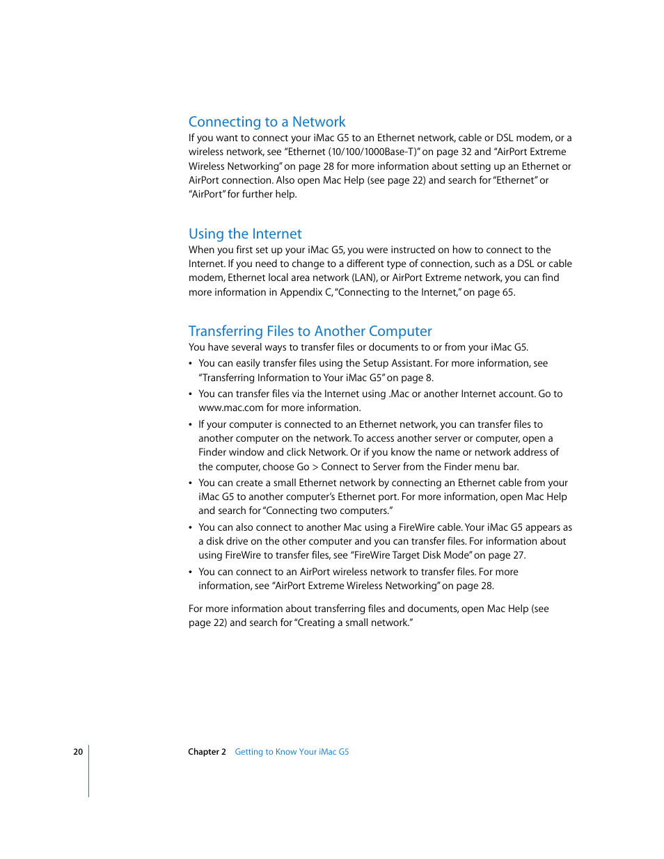 Connecting to a network, Using the internet, Transferring files to another computer | Apple iMac G5 User Manual | Page 20 / 96