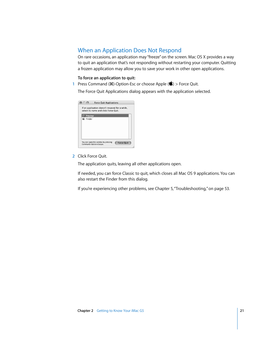 When an application does not respond | Apple iMac G5 User Manual | Page 21 / 96