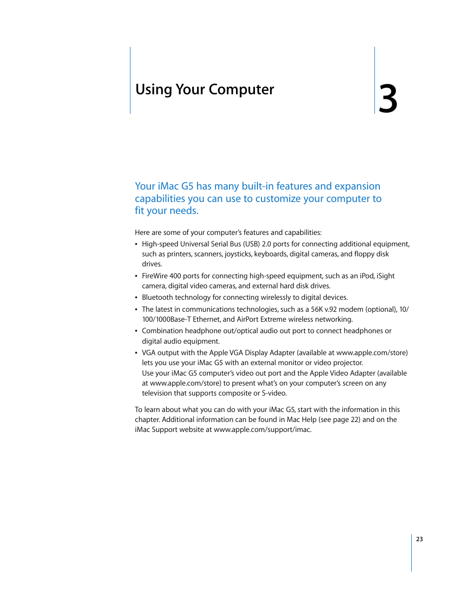Using your computer, Chapter 3, Chapter 3, “using your computer | Apple iMac G5 User Manual | Page 23 / 96