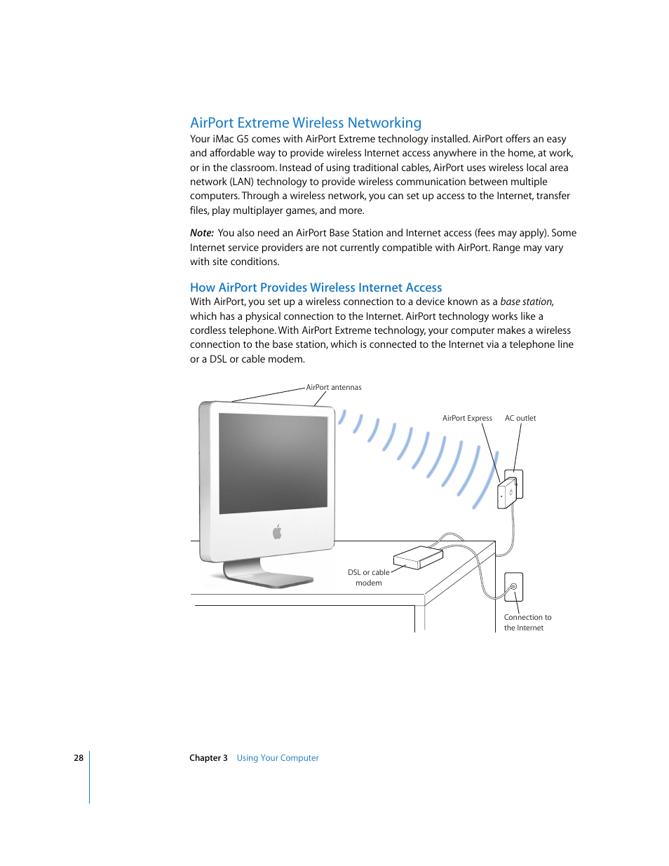 Airport extreme wireless networking, How airport provides wireless internet access | Apple iMac G5 User Manual | Page 28 / 96