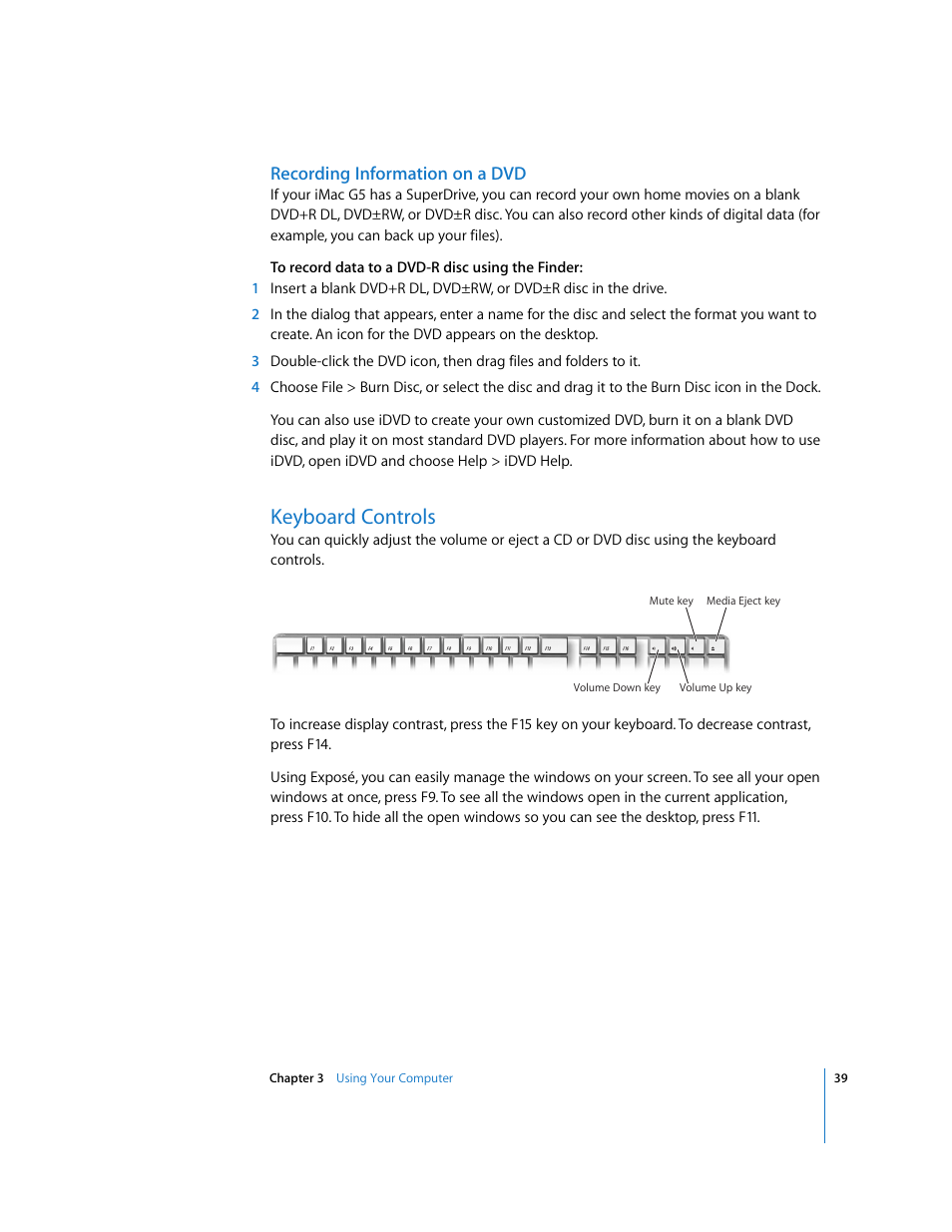 Keyboard controls, Recording information on a dvd | Apple iMac G5 User Manual | Page 39 / 96