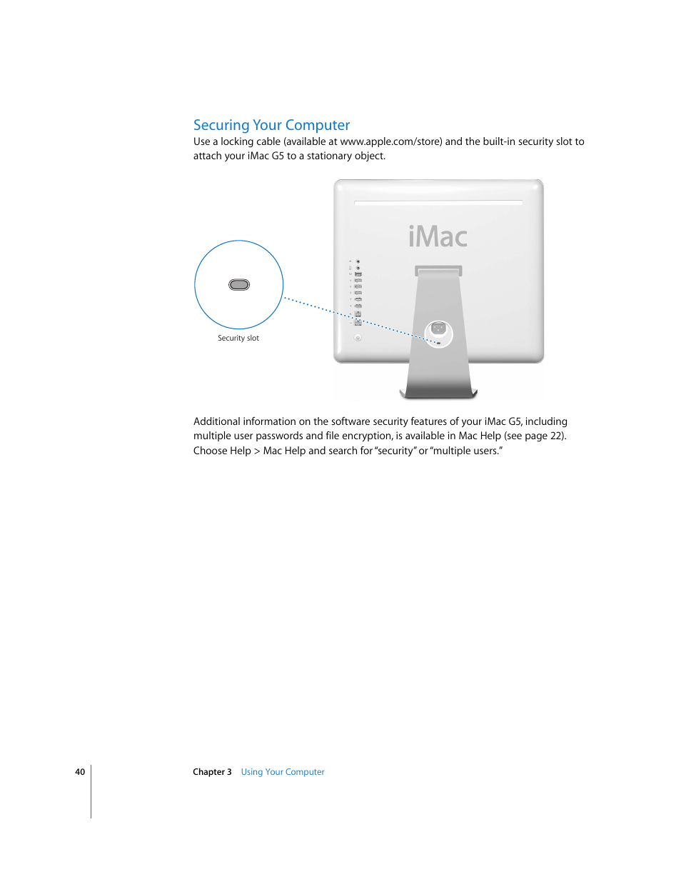 Securing your computer | Apple iMac G5 User Manual | Page 40 / 96