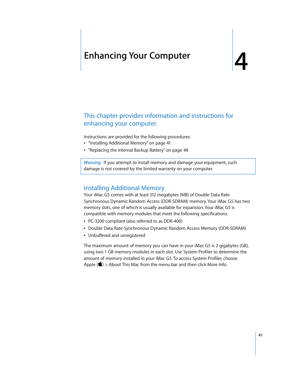 Enhancing your computer, Installing additional memory, Chapter 4 | Chapter 4, “enhancing your computer | Apple iMac G5 User Manual | Page 41 / 96