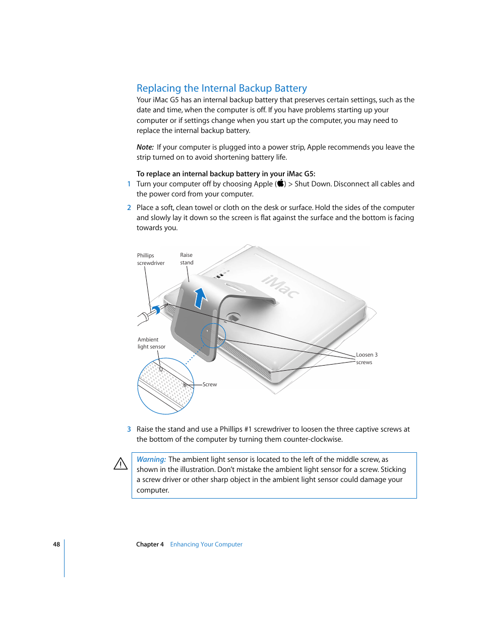 Replacing the internal backup battery | Apple iMac G5 User Manual | Page 48 / 96