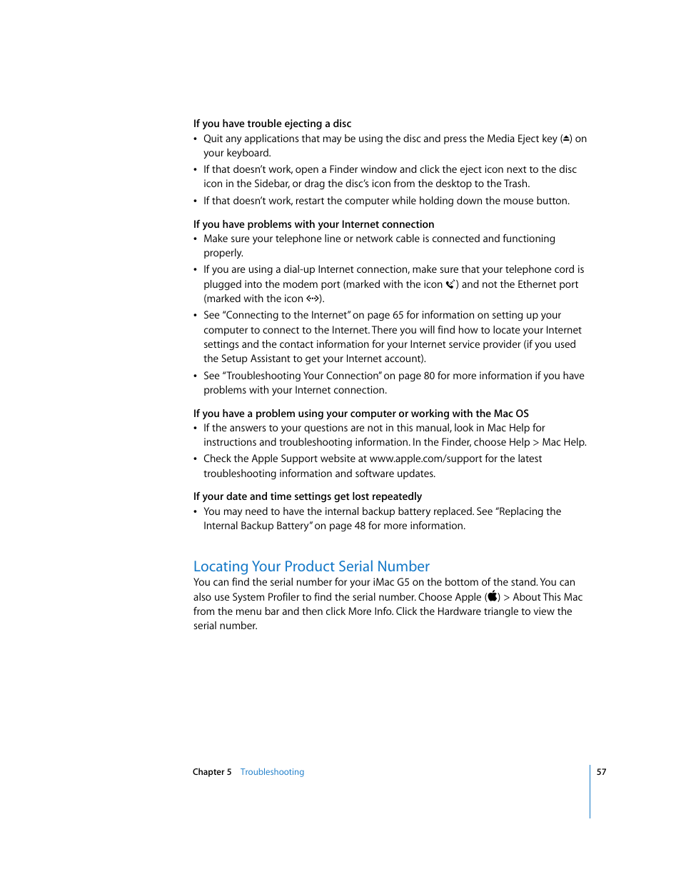 Locating your product serial number | Apple iMac G5 User Manual | Page 57 / 96