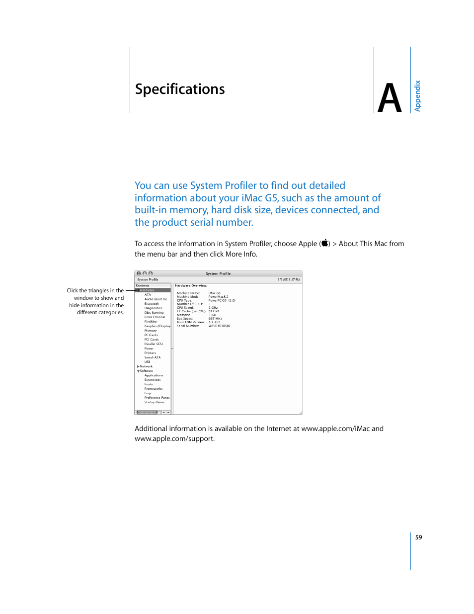 Specifications, Appendix a | Apple iMac G5 User Manual | Page 59 / 96
