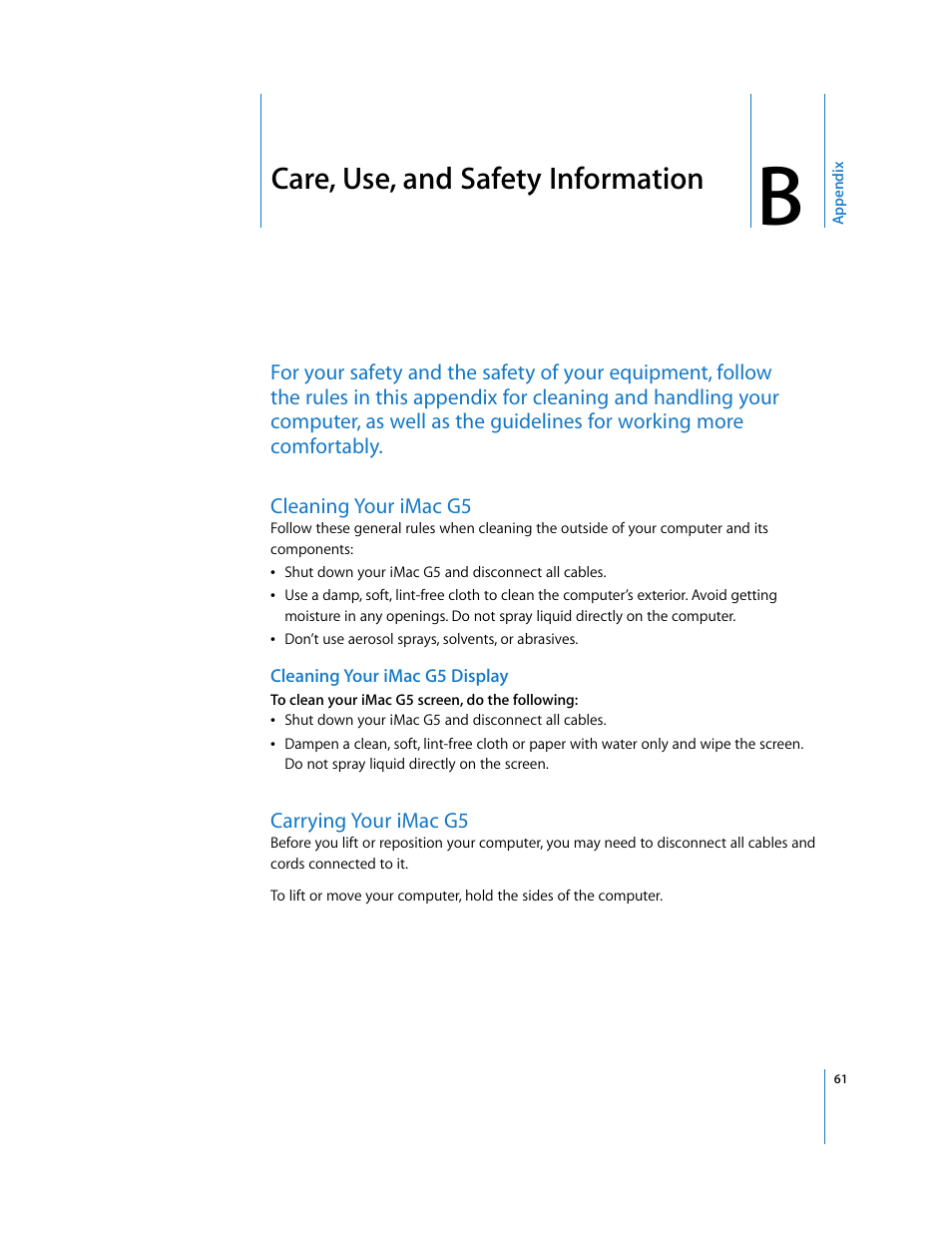 Care, use, and safety information, Cleaning your imacg5, Carrying your imacg5 | Appendix b | Apple iMac G5 User Manual | Page 61 / 96