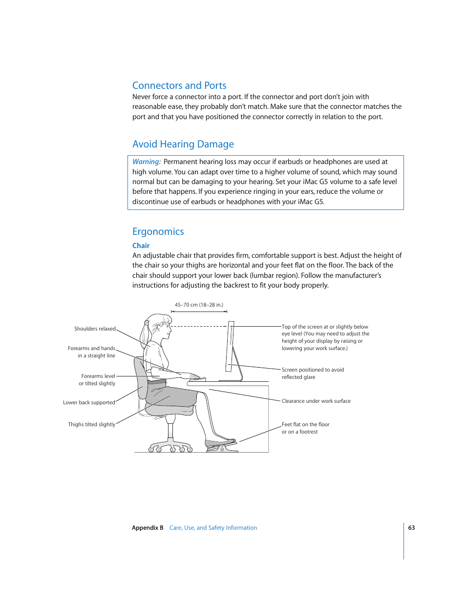 Connectors and ports, Avoid hearing damage, Ergonomics | Avoid hearing damage ergonomics | Apple iMac G5 User Manual | Page 63 / 96