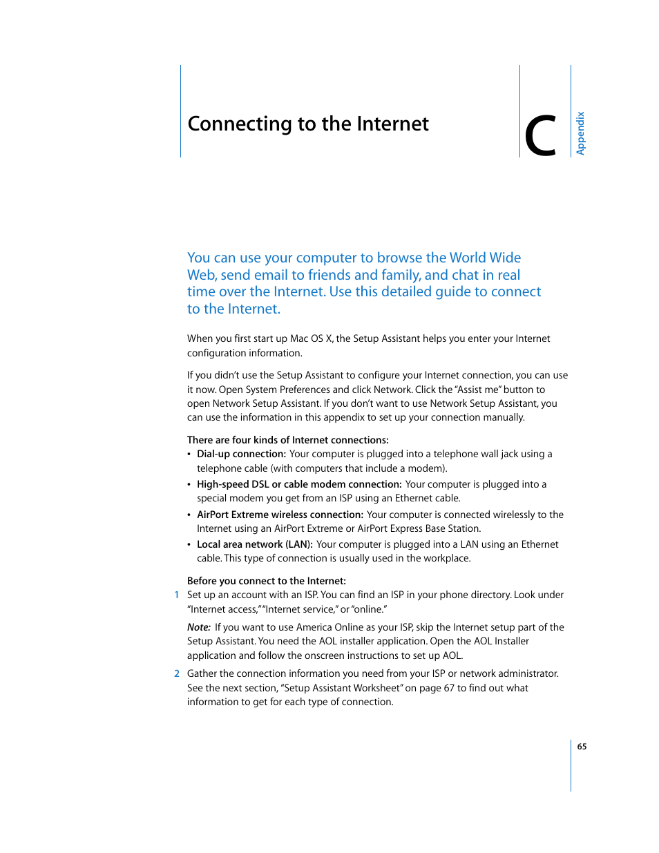 Connecting to the internet, Appendix c | Apple iMac G5 User Manual | Page 65 / 96