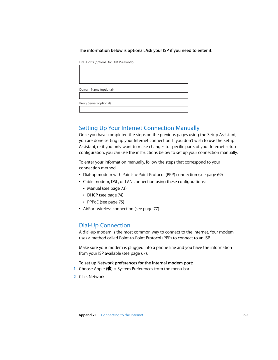 Setting up your internet connection manually, Dial-up connection | Apple iMac G5 User Manual | Page 69 / 96