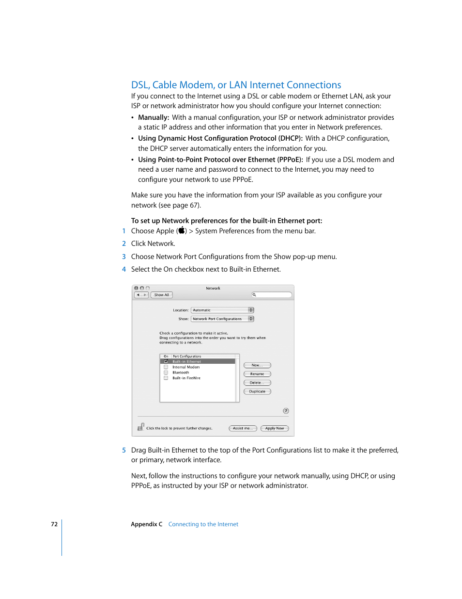 Dsl, cable modem, or lan internet connections | Apple iMac G5 User Manual | Page 72 / 96