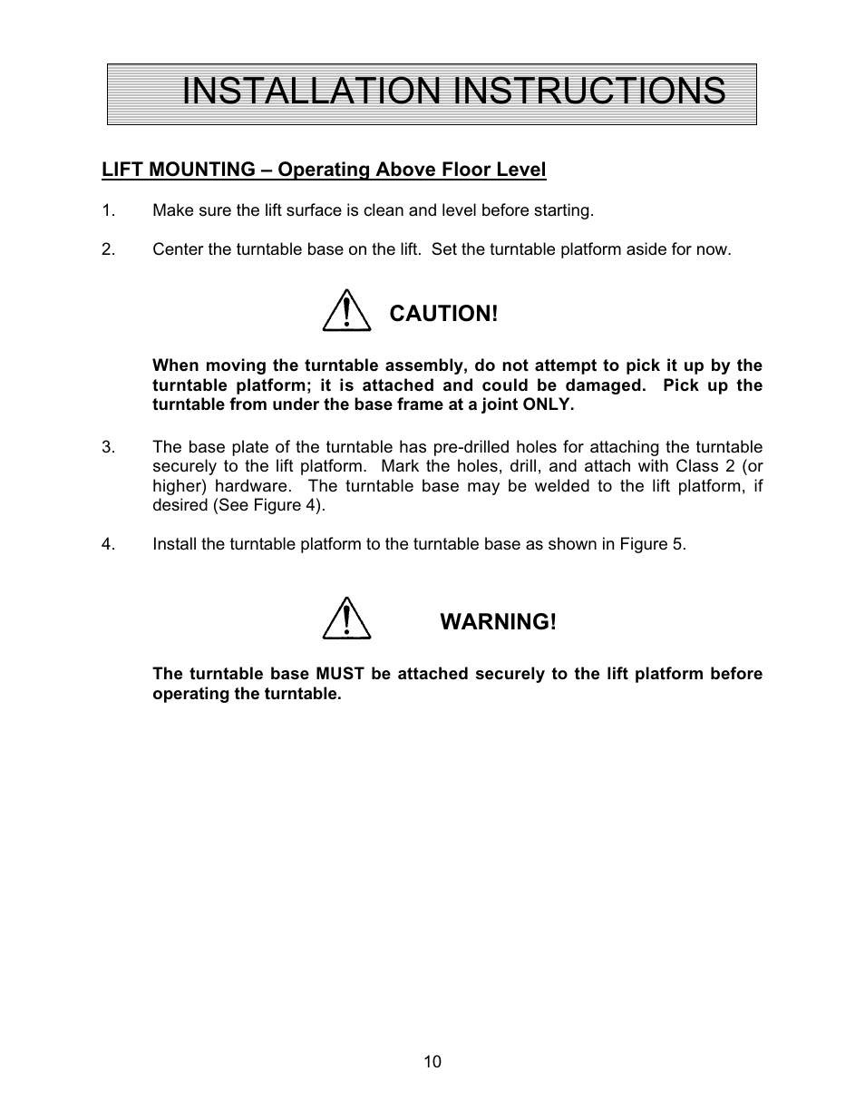 Installation instructions, Caution, Warning | Autoquip SR4 MANUAL TURNTABLE User Manual | Page 10 / 22