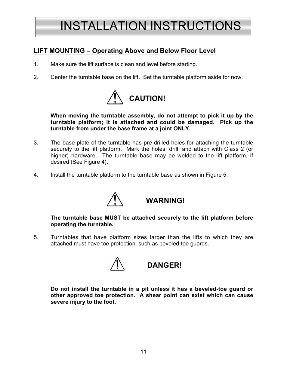 Installation instructions, Caution, Warning | Danger | Autoquip SR4 MANUAL TURNTABLE User Manual | Page 11 / 22