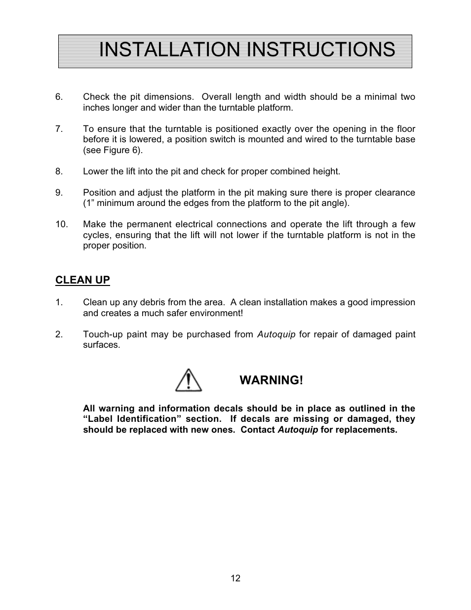 Installation instructions, Warning | Autoquip SR4 MANUAL TURNTABLE User Manual | Page 12 / 22