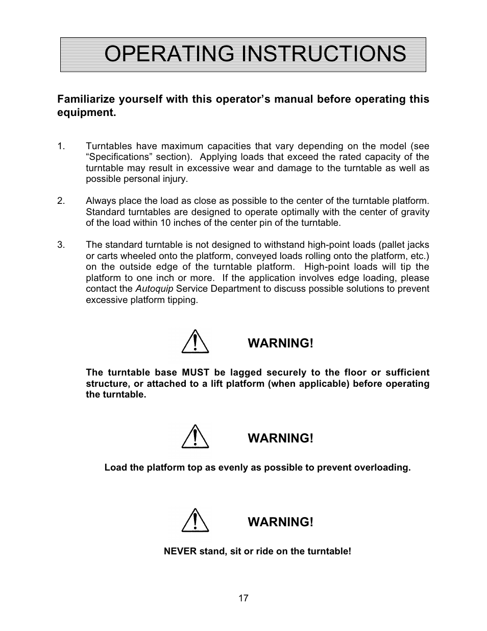 Operating instructions | Autoquip SR4 MANUAL TURNTABLE User Manual | Page 17 / 22