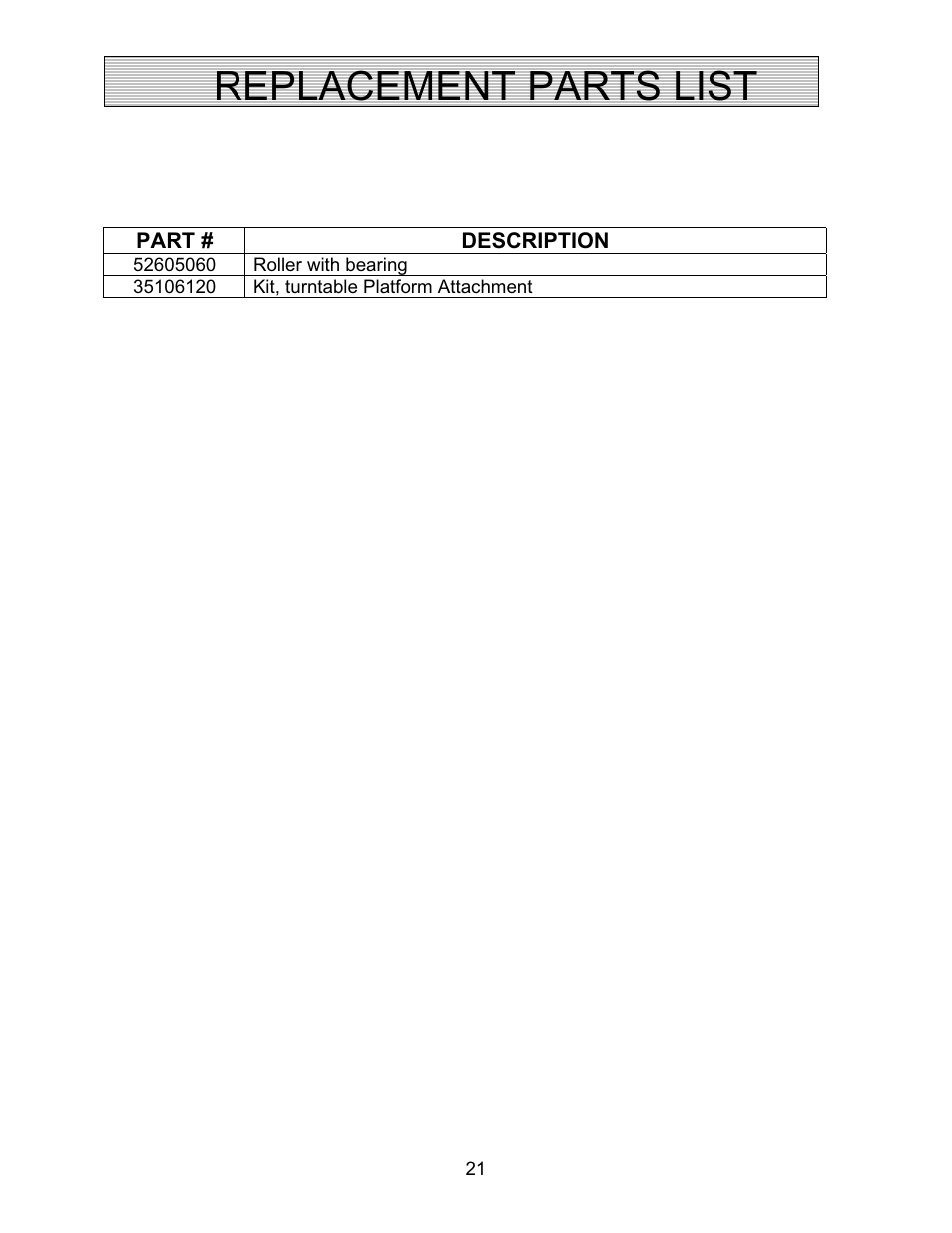 Replacement parts list | Autoquip SR4 MANUAL TURNTABLE User Manual | Page 21 / 22