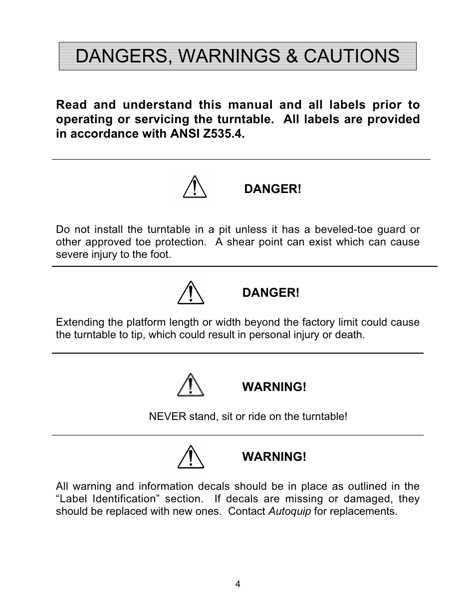 Dangers, warnings & cautions | Autoquip SR4 MANUAL TURNTABLE User Manual | Page 4 / 22