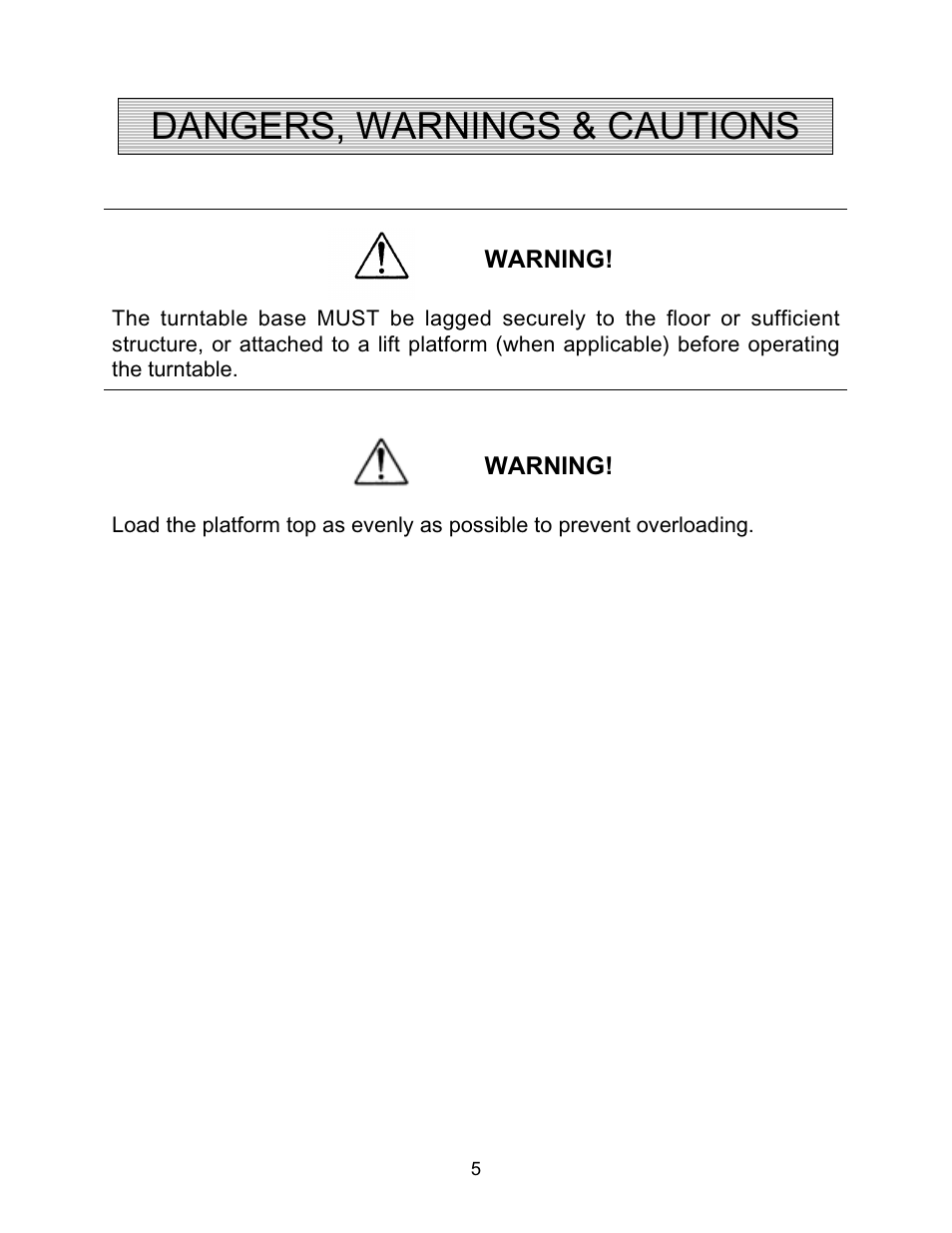 Dangers, warnings & cautions | Autoquip SR4 MANUAL TURNTABLE User Manual | Page 5 / 22