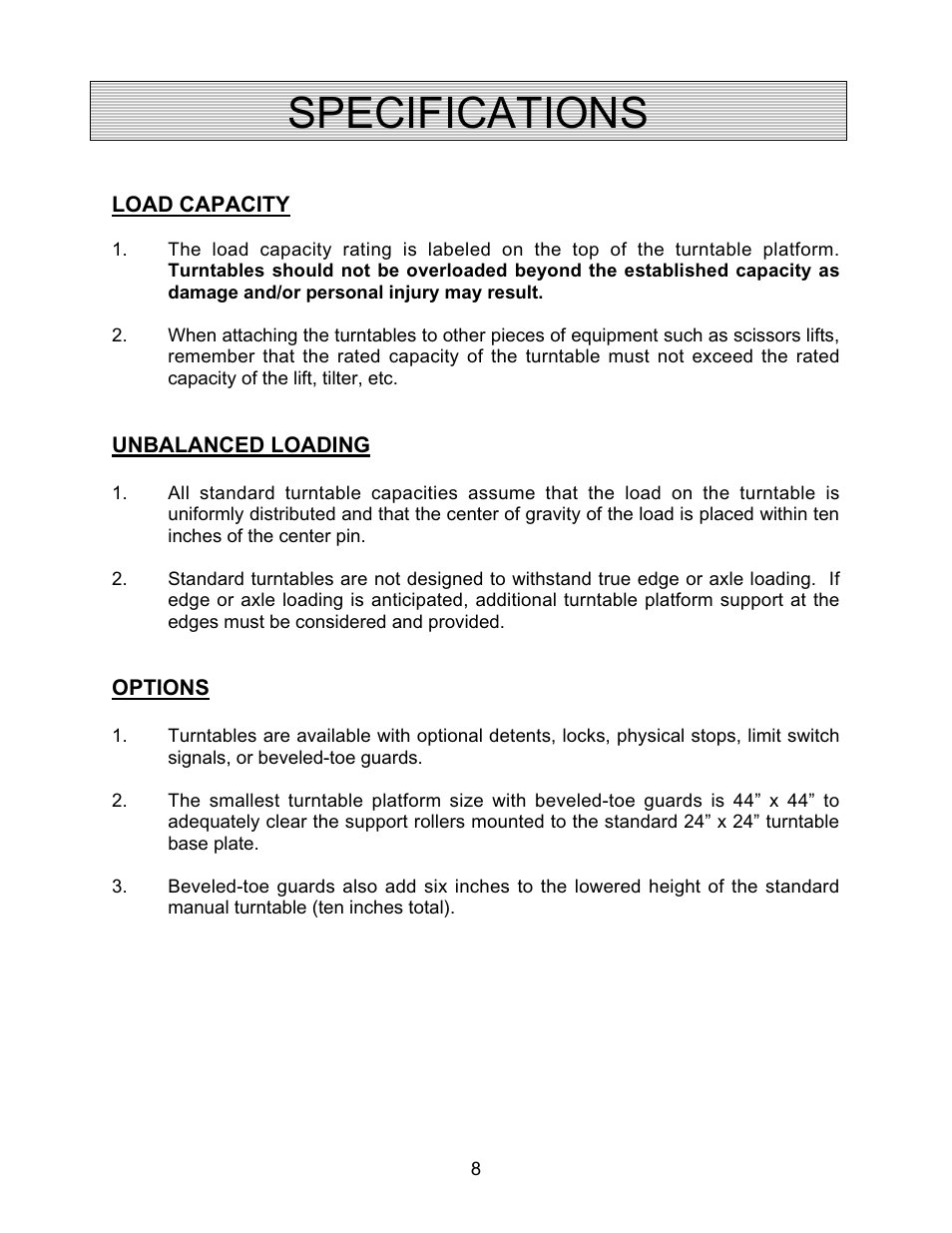 Specifications | Autoquip SR4 MANUAL TURNTABLE User Manual | Page 8 / 22