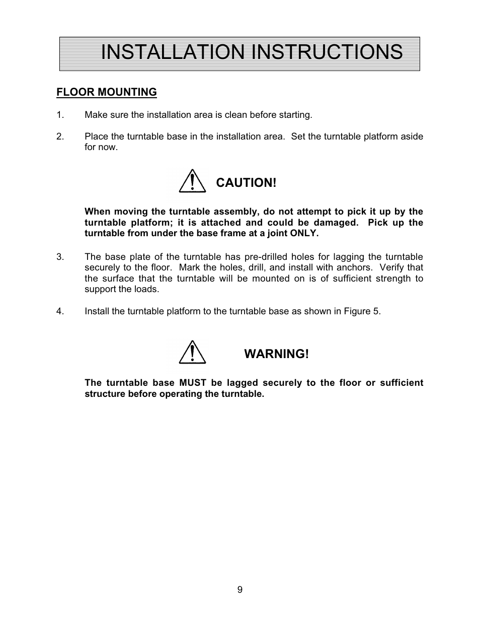 Installation instructions, Caution, Warning | Autoquip SR4 MANUAL TURNTABLE User Manual | Page 9 / 22