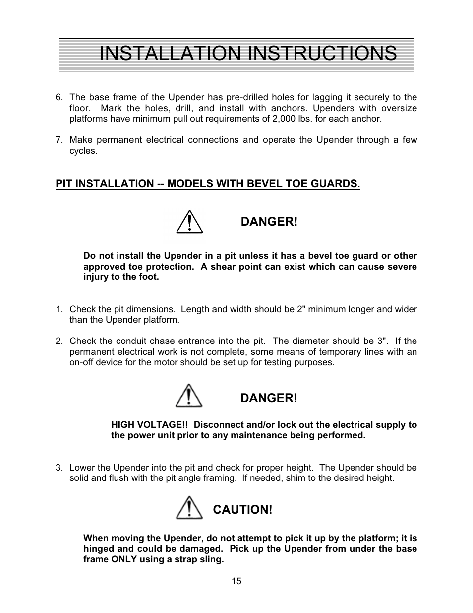 Installation instructions, Danger, Caution | Autoquip TITAN UPENDER User Manual | Page 15 / 31