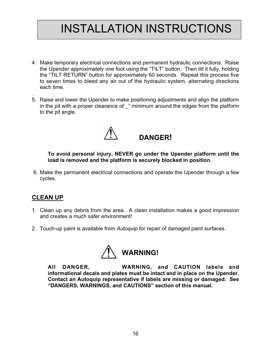 Installation instructions, Danger, Warning | Autoquip TITAN UPENDER User Manual | Page 16 / 31